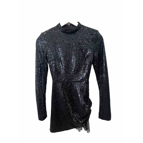 House Of Cb London Phoebe Sequin Shift Dress Black Long Sleeve Women's Size XS - Picture 2 of 6